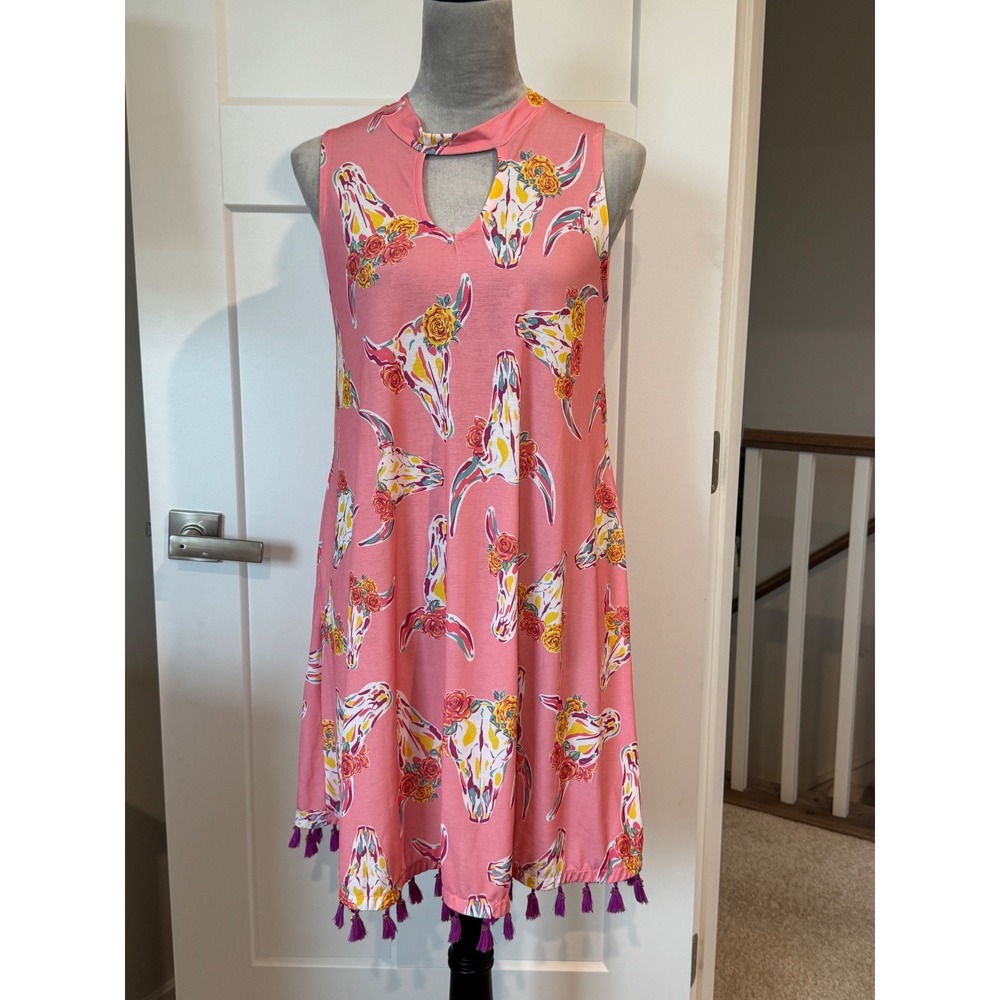 Simply Southern Pink Bull Skull Floral Tassel Hem Keyhole Dress Womens Small